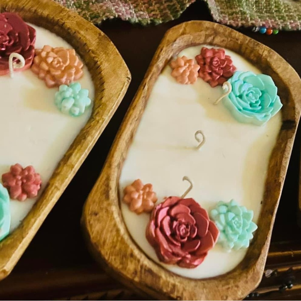 Handmade Soy Floral Candle in Wooden Dough Bowl